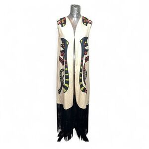 Y2K Artwear Brocade Longline Cream Vest Small Fringe Hem Folk Festival‎ Resort